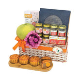 Flower delivery gift basket with pink flower, fruit, bird's nest jars and traditional mooncakes