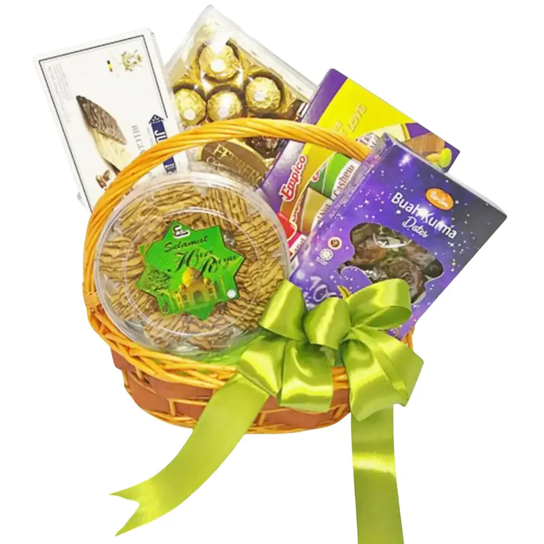 Gift hamper with assorted snacks and dates, decorated with a green ribbon for flower delivery
