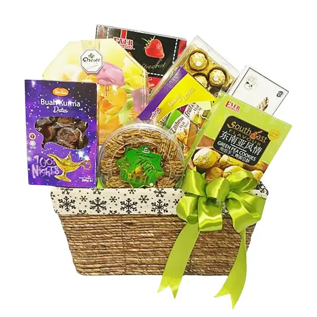 Gift basket with flowers, dates, cookies and chocolates for flower delivery in Singapore
