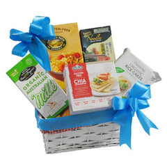 Gift basket with healthy organic snacks and blue ribbons, perfect for delivery in Singapore