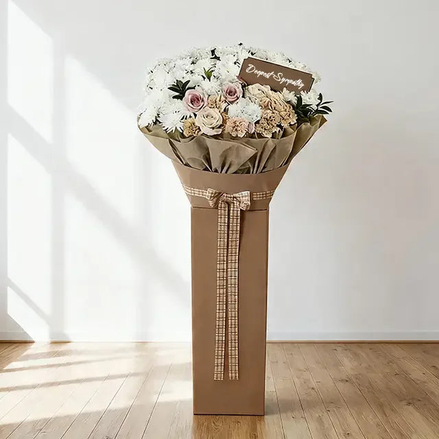 Elegant sympathy flower arrangement in a tall brown box with white and pastel blooms for delivery