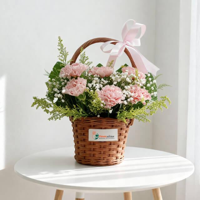 Pink carnation flower basket arrangement with greenery for flower delivery