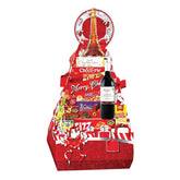 Festive flower delivery gift hamper with wine, snacks, and decorative red packaging