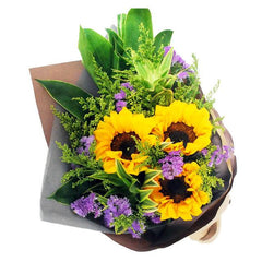 Sunflower bouquet with purple and green accents for flower delivery in Singapore