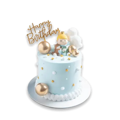 Blue birthday cake with gold balls, stars, and 'Happy Birthday' topper for same-day delivery