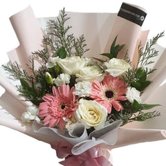 Fresh flower bouquet with white roses and pink gerberas for delivery in Singapore