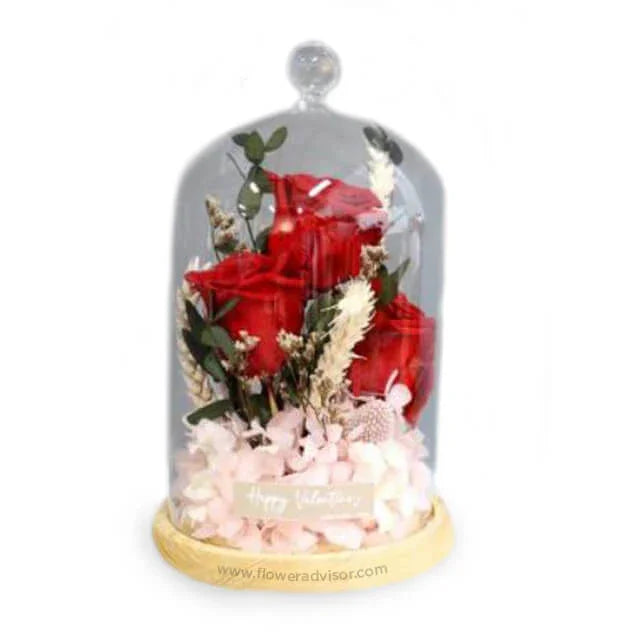 Red preserved roses with delicate blooms in a glass dome, perfect for flower delivery gift