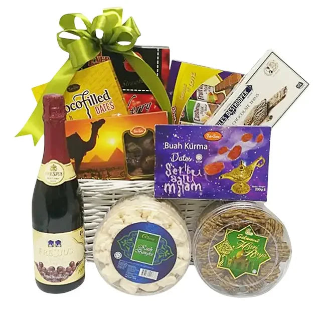 Festive gift basket with drinks and snacks, ideal for flower delivery and special occasions