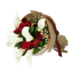 Bouquet of red roses and white calla lilies for flower delivery in Singapore