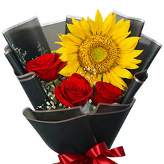 Flower bouquet with sunflower and red roses for flower delivery in Singapore