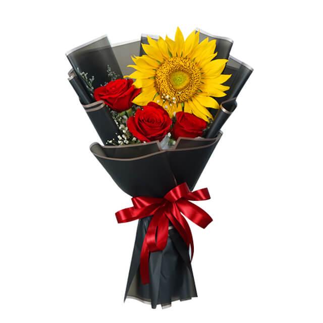 Sunflower and red rose bouquet wrapped in black paper with red ribbon for flower delivery
