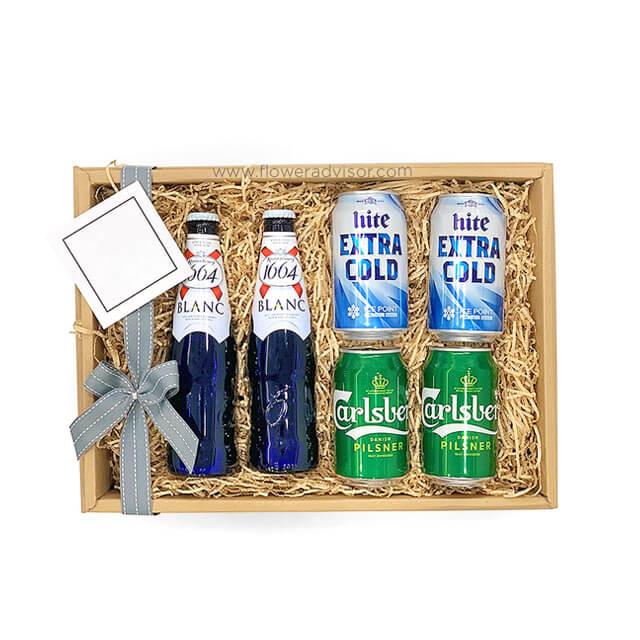 Gift box with beer bottles and cans, ribbon, and card for flower delivery gift options