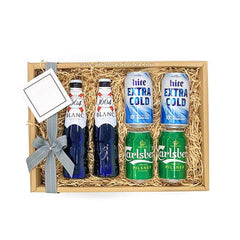 Gift box with beer bottles and cans, ribbon, and card for flower delivery gift options