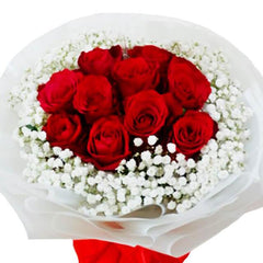 Fresh red rose bouquet with white baby’s breath, perfect for flower delivery Singapore