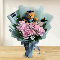 Pink Roses With Teddy Bear - Purple Tale