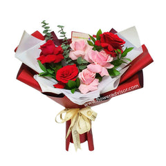 3 Red Roses 3 Pink Roses and Silver Dollar Bouquet - Juliet