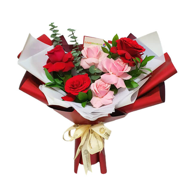 3 Red Roses 3 Pink Roses and Silver Dollar Bouquet - Juliet