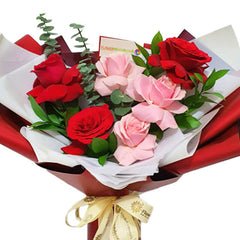 3 Red Roses 3 Pink Roses and Silver Dollar Bouquet - Juliet
