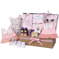 Baby gift hamper with pink baby clothes, shoes, snacks, ideal for gifting with flower delivery