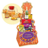 Festive Deepavali hamper with snacks, drinks, and floral-themed decoration for delivery