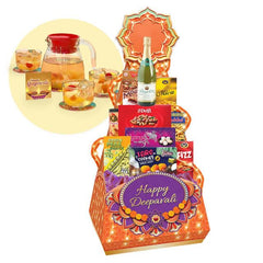Festive Deepavali hamper with snacks, drinks, and floral-themed decoration for delivery