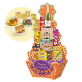 Deepavali festive hamper with assorted snacks, sweets, drinks and a Happy Deepavali sign. Flower delivery.