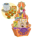 Deepavali gift hamper with snacks, sweets, drinks, and tea set for festive flower delivery.