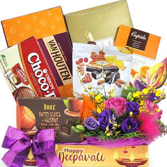 Festive flower bouquet with chocolates and snacks for Deepavali flower delivery Singapore