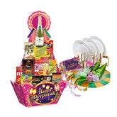 Deepavali hamper with festive treats, sweets, fruit drink, and plates for flower delivery
