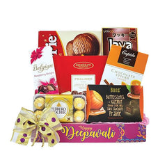 Deepavali chocolate and snack hamper with gift ribbon for festive flower delivery