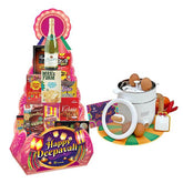 Deepavali gift hamper with snacks, sparkling drink, and egg cooker for festive flower delivery