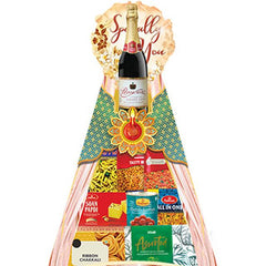 Flower delivery gift hamper with sparkling beverage, sweets, and snacks in festive packaging