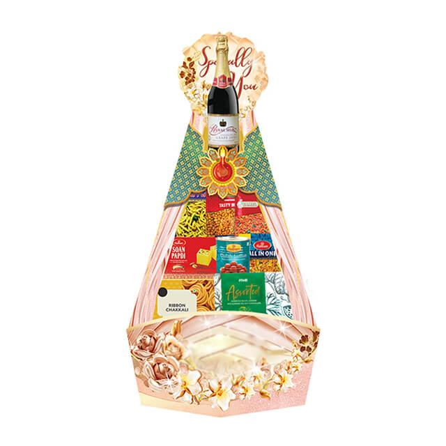 Festive gift hamper with wine, snacks, and flowers for flower delivery in Singapore
