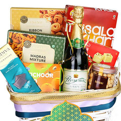 Luxury gourmet gift basket with snacks and grape juice for flower delivery Singapore