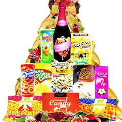 Snack and drink hamper with chips, nuts, candy, and a bottle, ideal for festive flower delivery