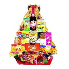 Flower basket with fresh flowers, snacks, and drinks for flower delivery Singapore