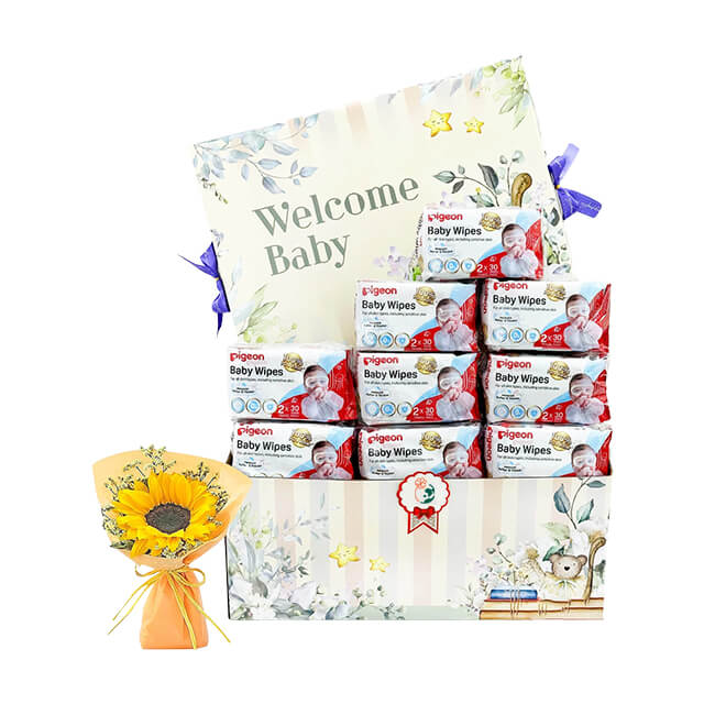 Newborn Essentials Gift Set - Pigeon Wipes and Bouquet