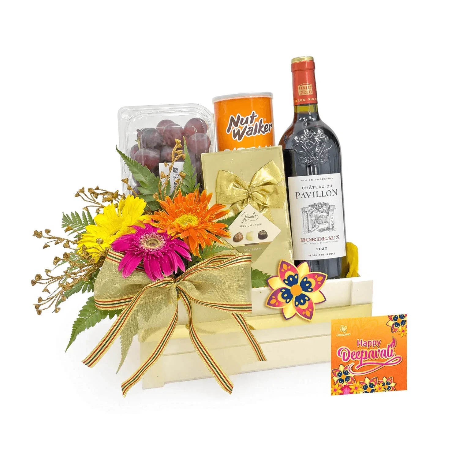 Festive flower delivery hamper with fresh flowers, wine, chocolate, nuts, fruits, and greeting card