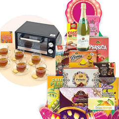 Gourmet hamper with tea set, oven, sparkling drink, assorted snacks and sweet treats for flower delivery gift.