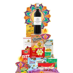 Diwali gift hamper with assorted snacks, a wine bottle, and colorful flowers for delivery
