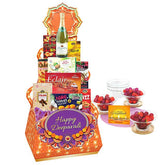 Deepavali festive hamper with snacks, sweets, a drink and Happy Deepavali card, perfect for delivery