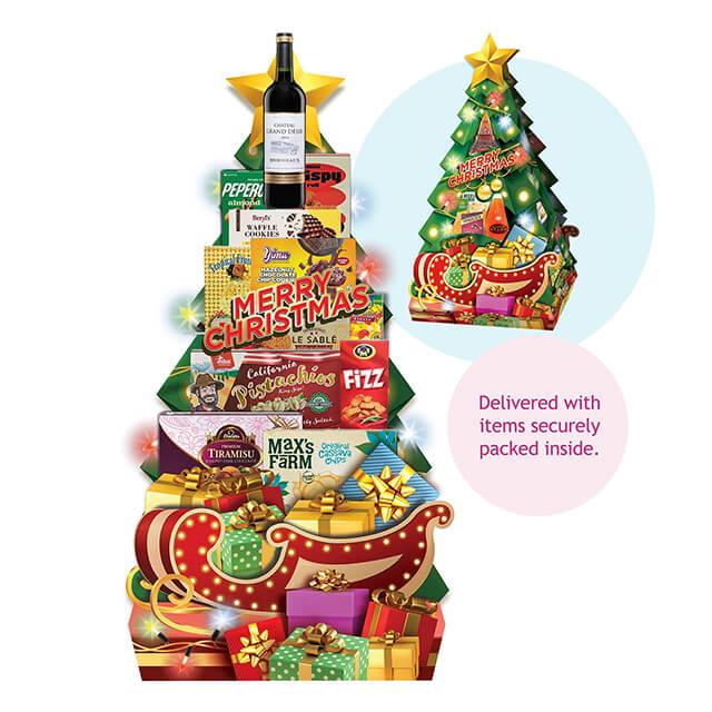 Christmas gift hamper with snacks, wine, and festive packaging for flower delivery Singapore