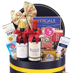 Luxury gift hamper with wine, chocolates and snacks, perfect for flower delivery Singapore