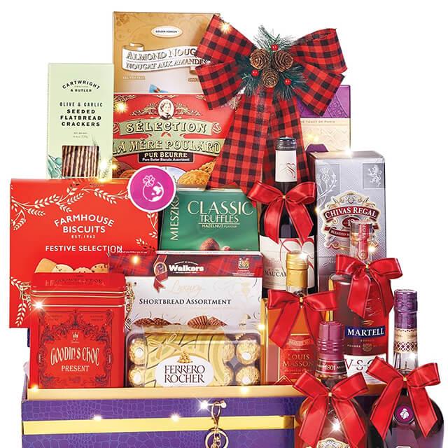Luxury gift hamper with festive treats, chocolates, biscuits and wine for delivery
