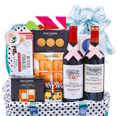 Luxury gift basket with French wine, cookies, tea, and treats for flower delivery Singapore