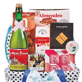 Premium gift basket with gourmet snacks, sparkling drink, ideal for flower delivery occasions