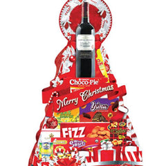 Christmas hamper with wine, snacks, and gifts, ideal for festive flower delivery Singapore