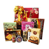Chinese New Year gift hamper with festive snacks and decorated box, ideal for flower delivery