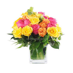 24 Stalks of Mixed Roses In A Glass Vase - Paris Sunset