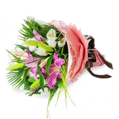Fresh flower bouquet with pink lilies and white tulips, ideal for same-day flower delivery